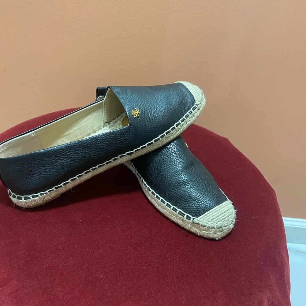 Black Leather Espadrilles with Tan Accents